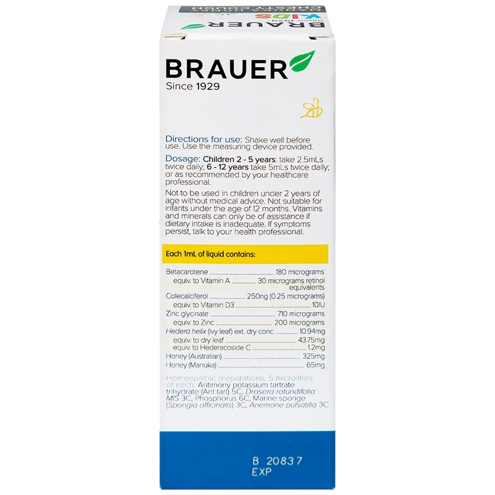 Hình ảnh Siro Brauer Kids Manuka Honey Chesty Cough hỗ trợ tăng cường sức đề kháng, hạn chế ho nhiều (100ml)