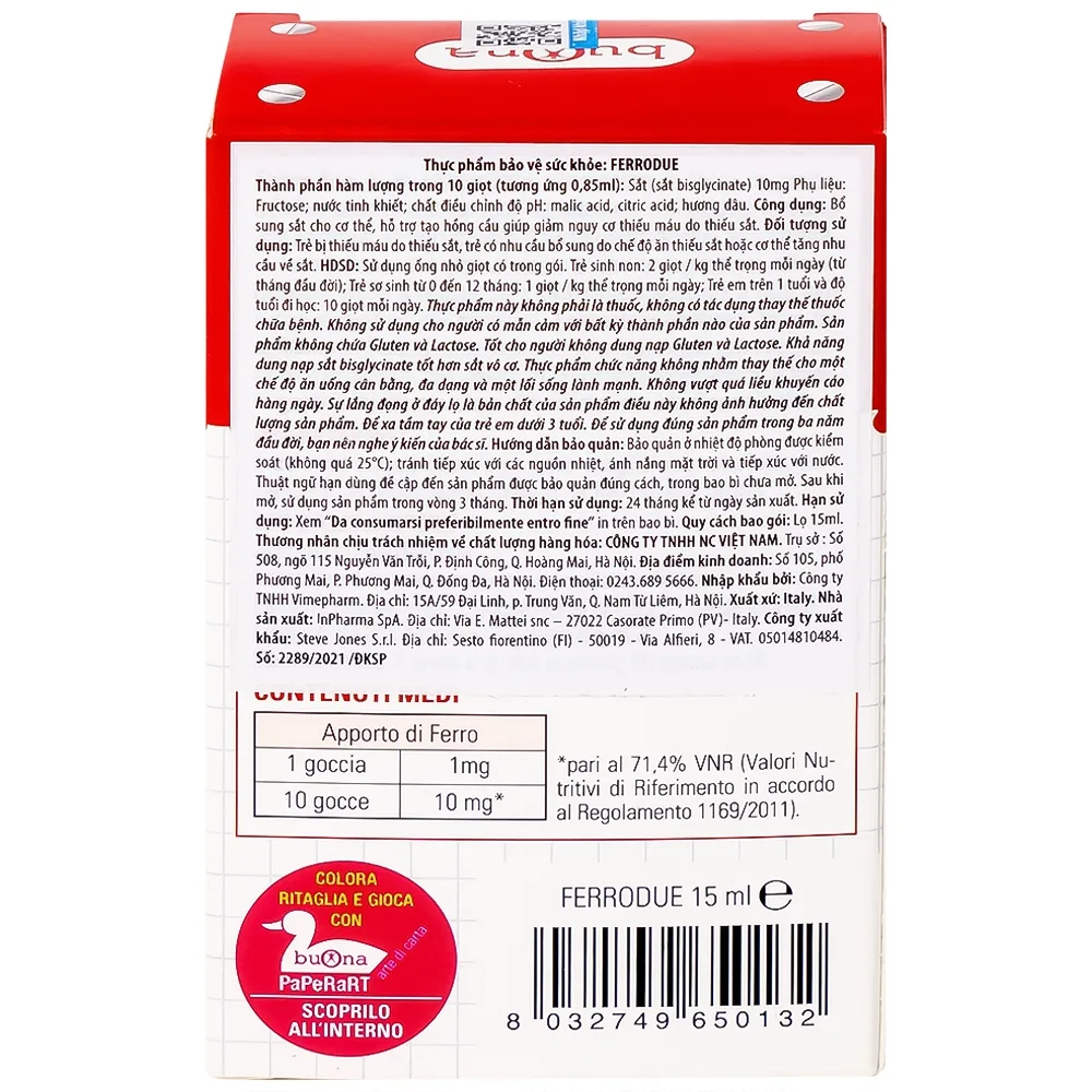 Hình ảnh Dung dịch Ferrodue 15ml Buona bổ sung sắt cho cơ thể, giảm nguy cơ thiếu máu 