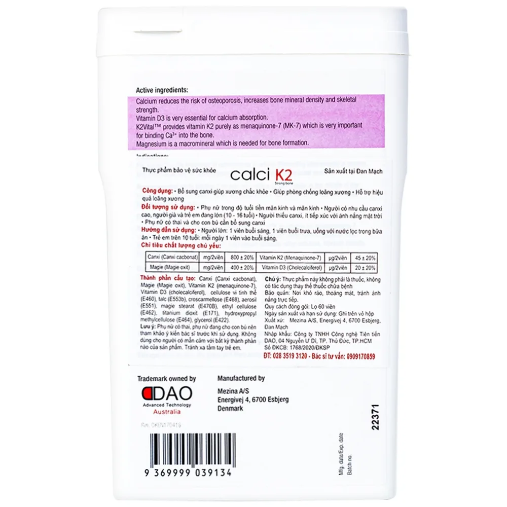 Hình ảnh Viên uống Calci K2 Dao Nordic Health bổ sung canxi, chống loãng xương (60 viên)