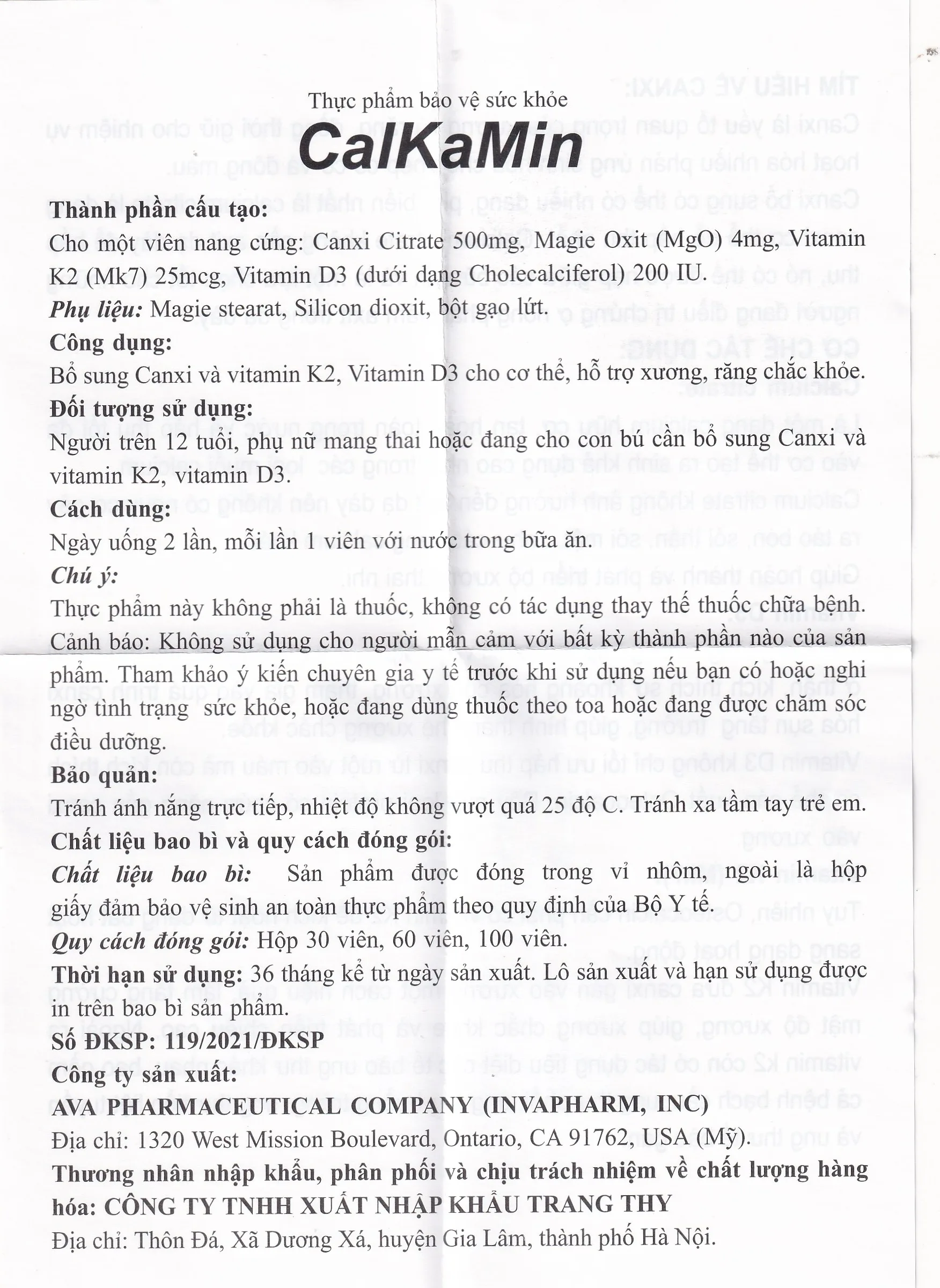 Hình ảnh Viên uống CalKaMin AVA Pharmaceutical bổ sung canxi và vitamin K2, vitamin D3 cho cơ thể