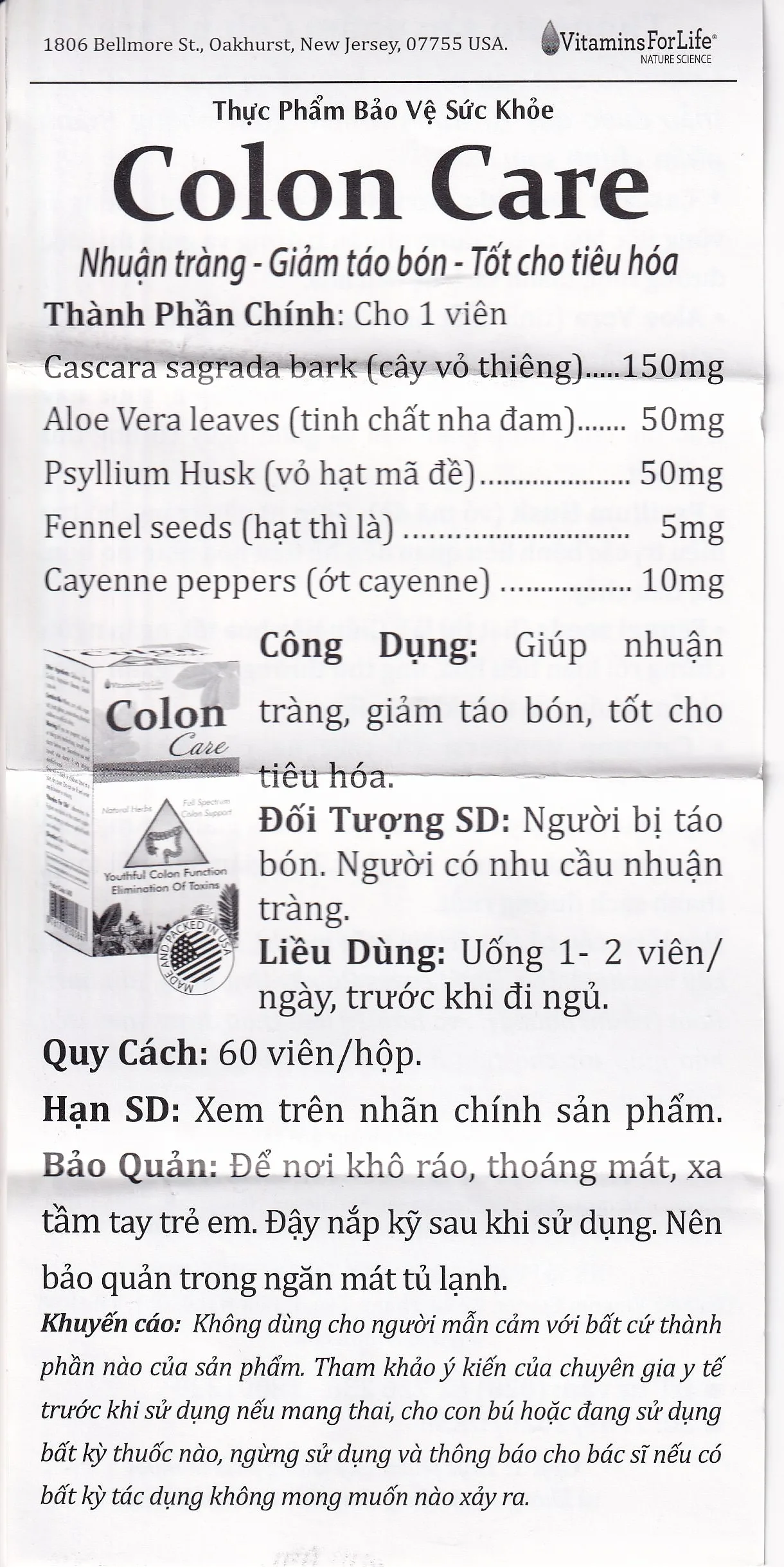Hình ảnh Viên uống Colon Care Vitamins For Life giúp nhuận tràng, giảm táo bón (60 viên)