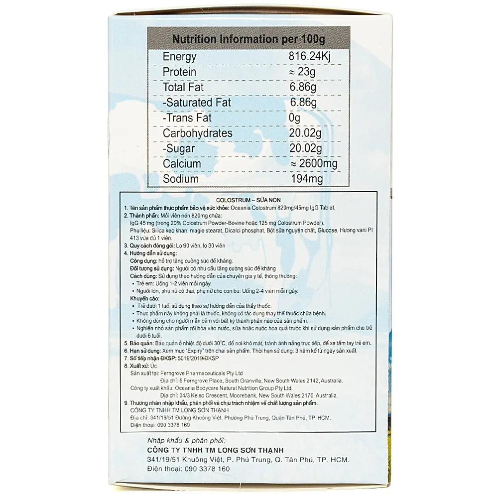 Hình ảnh Sữa non Oceania Colostrum 820mg/45mg IgG Tablet hỗ trợ tăng cường sức đề kháng (90 viên)