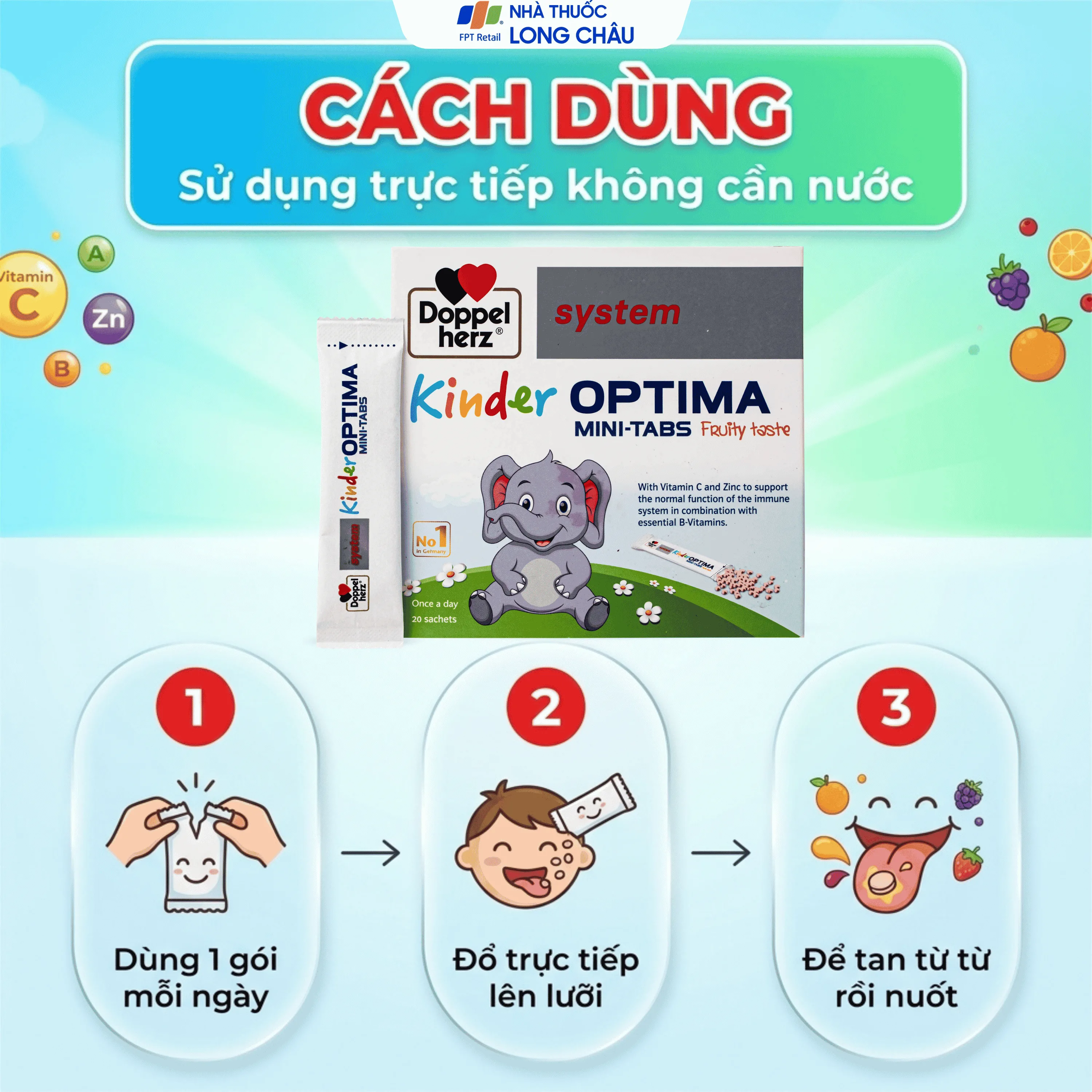 Hình ảnh Cốm bổ sung các vitamin, giúp tăng cường sức đề kháng cho trẻ Doppelherz Aktiv Kinder Optima Mini-Tabs (20 gói x 30g)