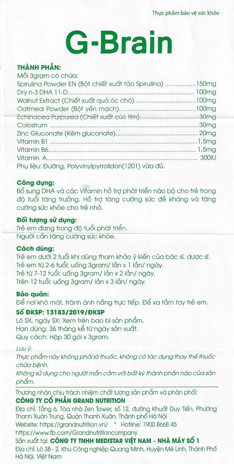 Hình ảnh Cốm Trí Não G-Brain 3g Grand Nutrition bổ sung DHA và các vitamin hỗ trợ phát triển não bộ cho trẻ (30 gói)