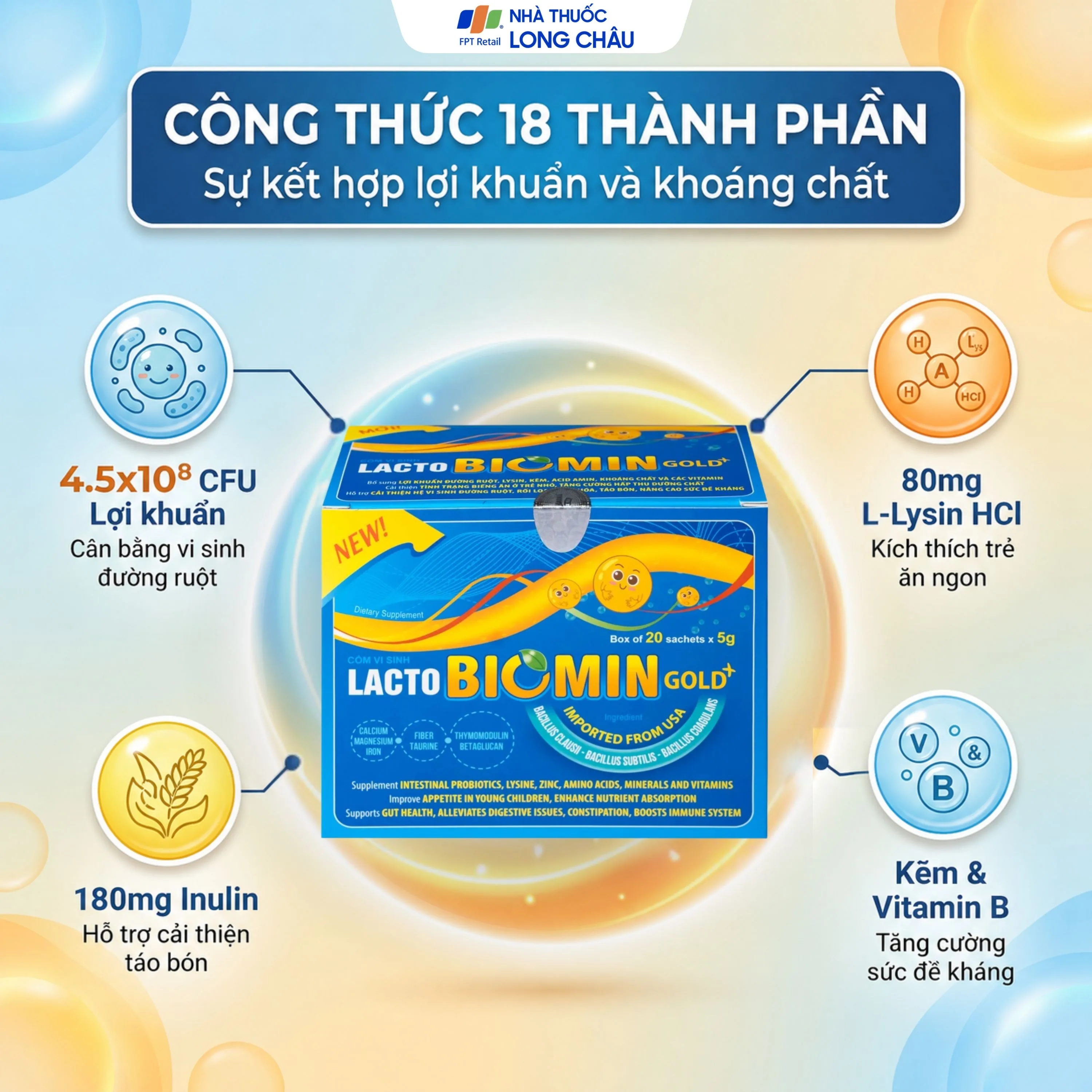 Hình ảnh Cốm vi sinh bổ sung lợi khuẩn đường ruột Lacto Biomin Gold+ New (20 gói x 5g)