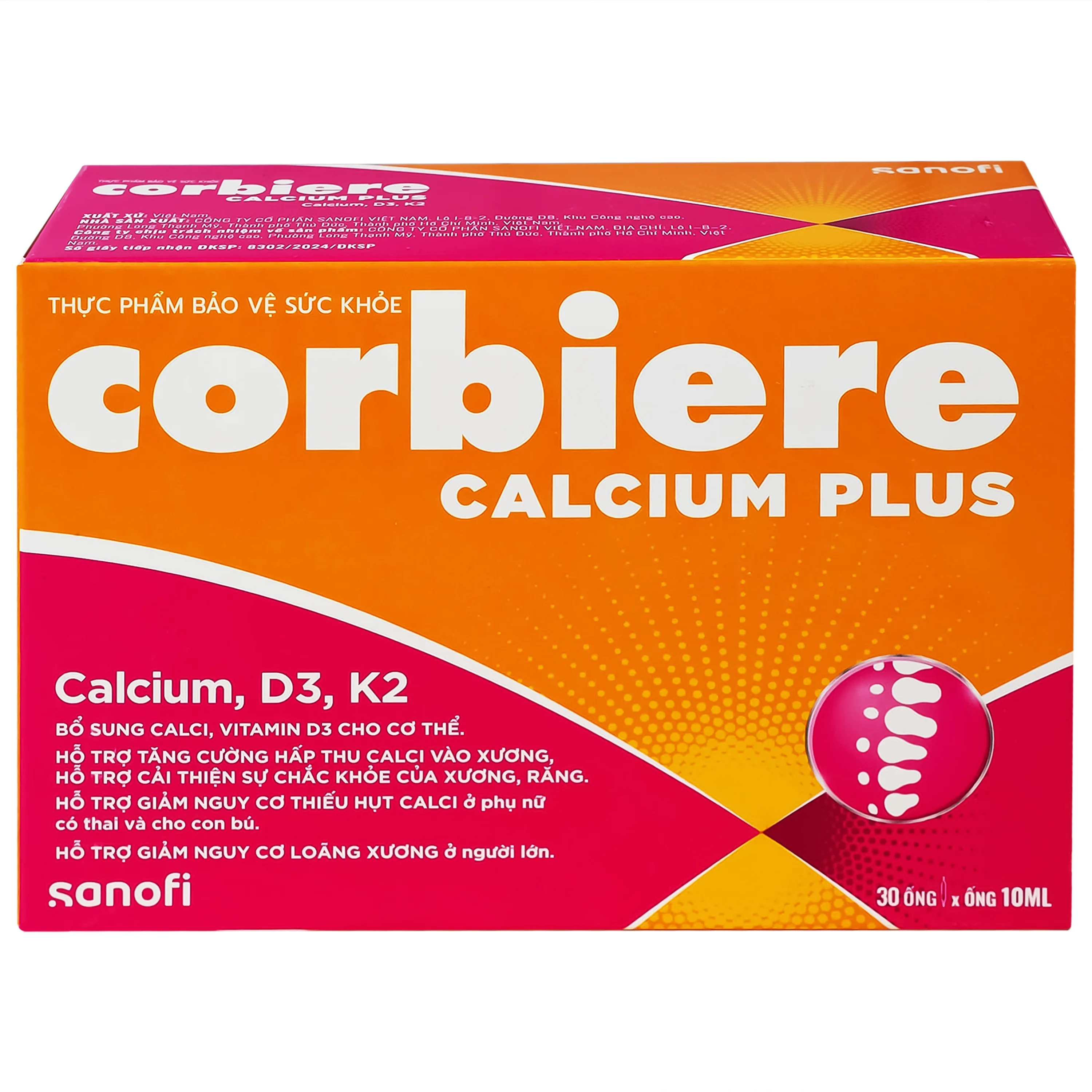 Hình ảnh Thực phẩm bảo vệ sức khỏe Corbiere Calcium Plus Sanofi giúp bổ sung calci, vitamin D3 (3 vỉ x 10 ống)