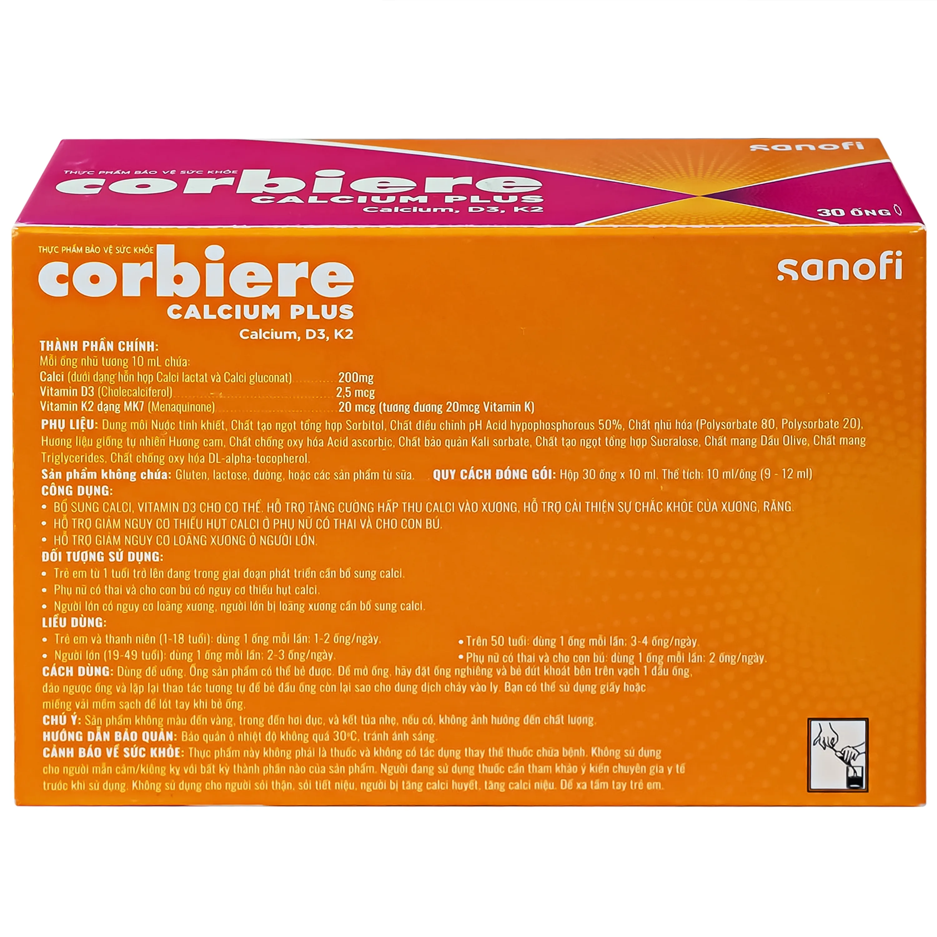 Hình ảnh Thực phẩm bảo vệ sức khỏe Corbiere Calcium Plus Sanofi giúp bổ sung calci, vitamin D3 (3 vỉ x 10 ống)