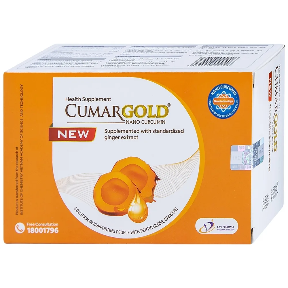 Hình ảnh Viên uống Cumargold Nano Curcumin New CVI Pharma hỗ trợ bảo vệ niêm mạc dạ dày (3 vỉ x 10 viên)