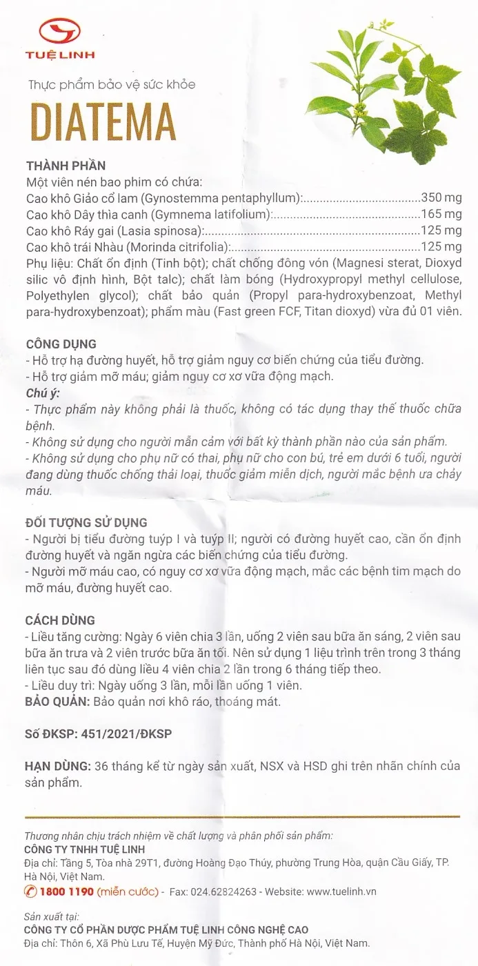 Hình ảnh Viên uống Diatema Tuệ Linh hỗ trợ hạ đường huyết, giảm mỡ máu (60 viên)