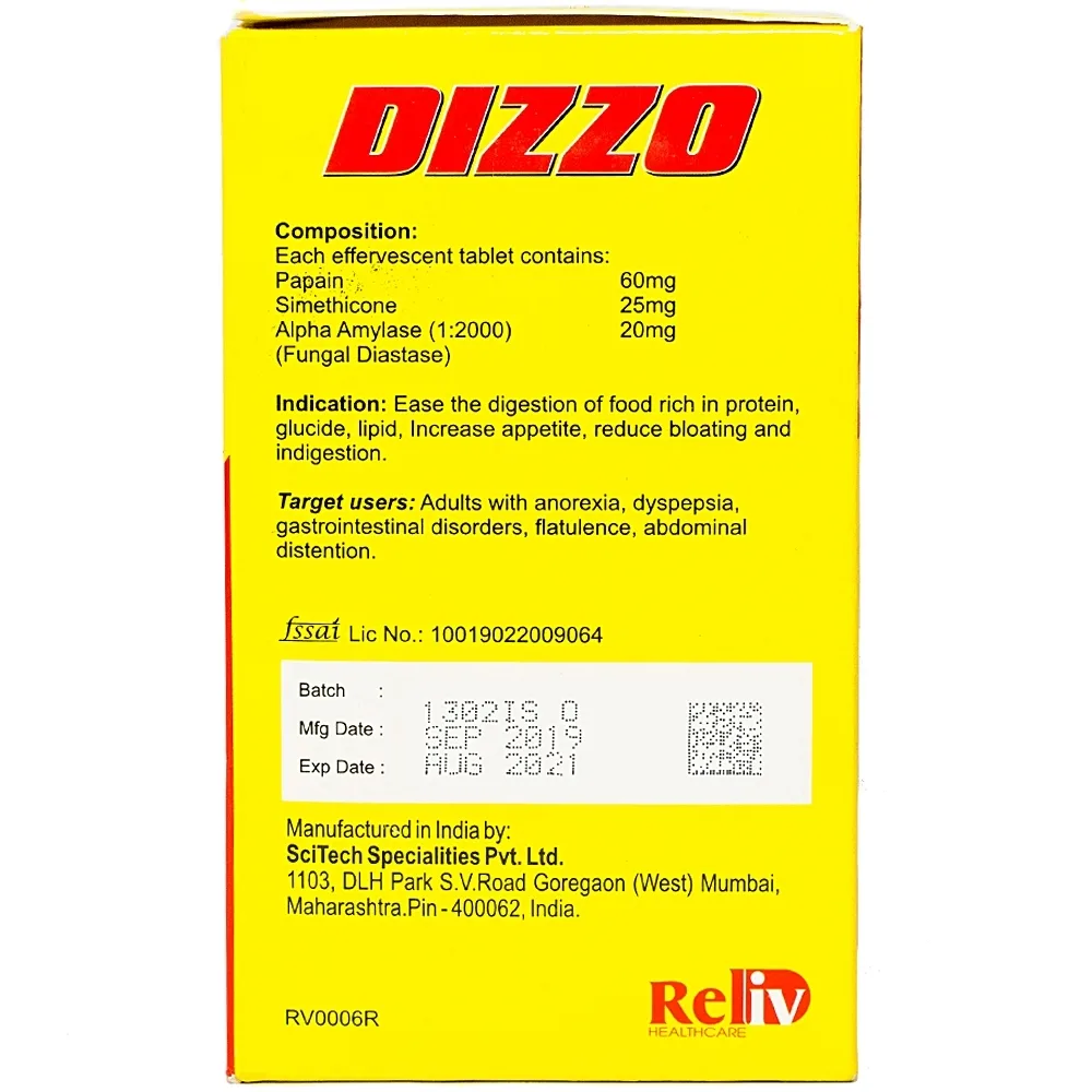 Hình ảnh Viên sủi Dizzo Reliv hỗ trợ tiêu hóa, giảm triệu chứng đầy hơi, ợ hơi, khó tiêu (12 vỉ x 4 viên)
