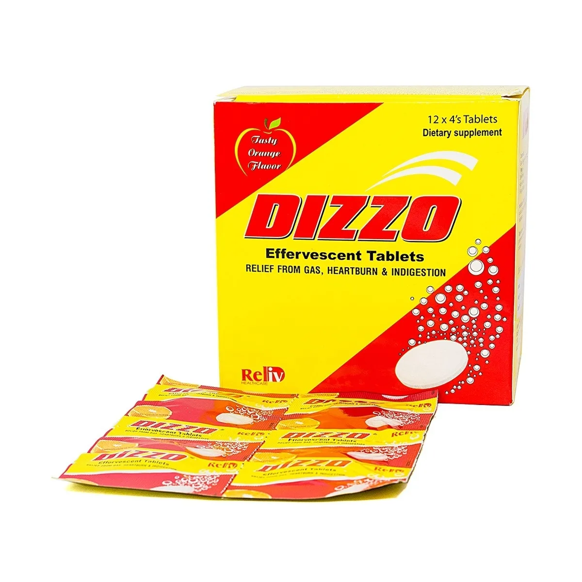 Hình ảnh Viên sủi Dizzo Reliv hỗ trợ tiêu hóa, giảm triệu chứng đầy hơi, ợ hơi, khó tiêu (12 vỉ x 4 viên)