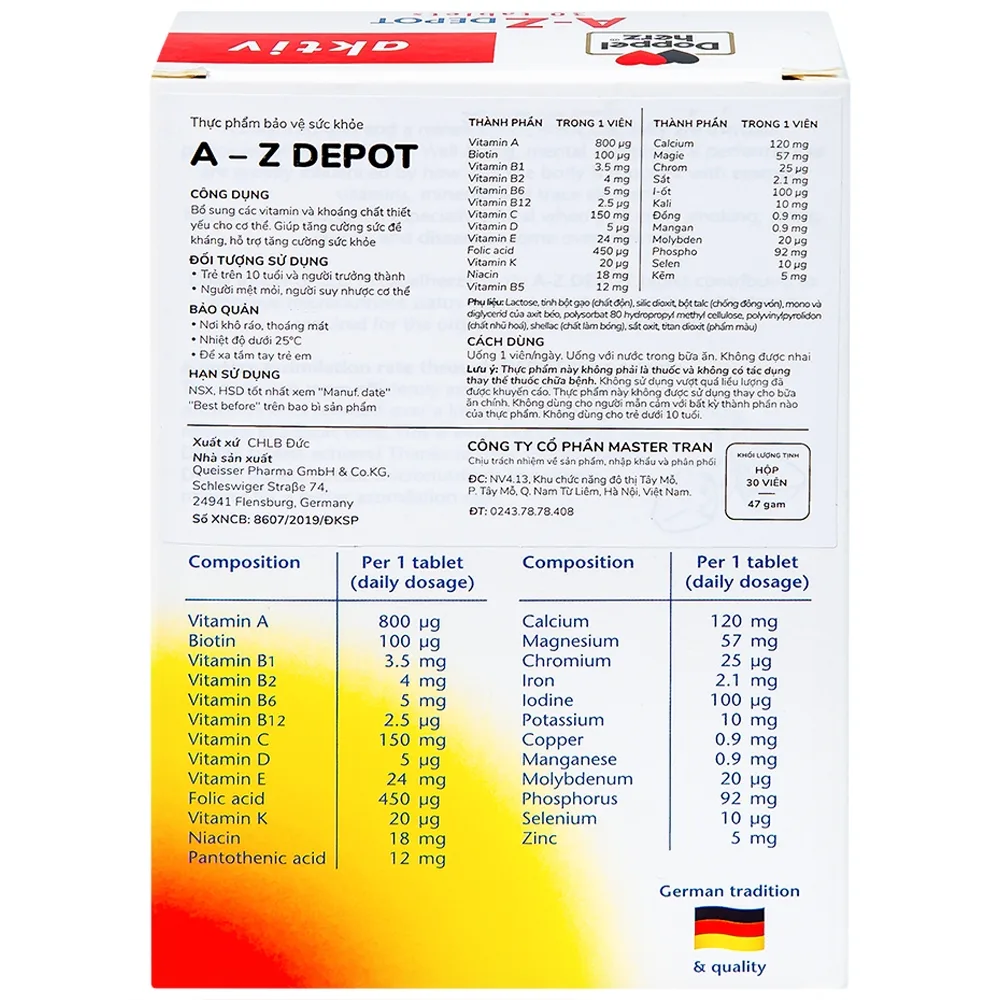 Hình ảnh Viên uống A-Z Depot Doppelherz Aktiv bổ sung vitamin và khoáng chất (3 vỉ x 10 viên)