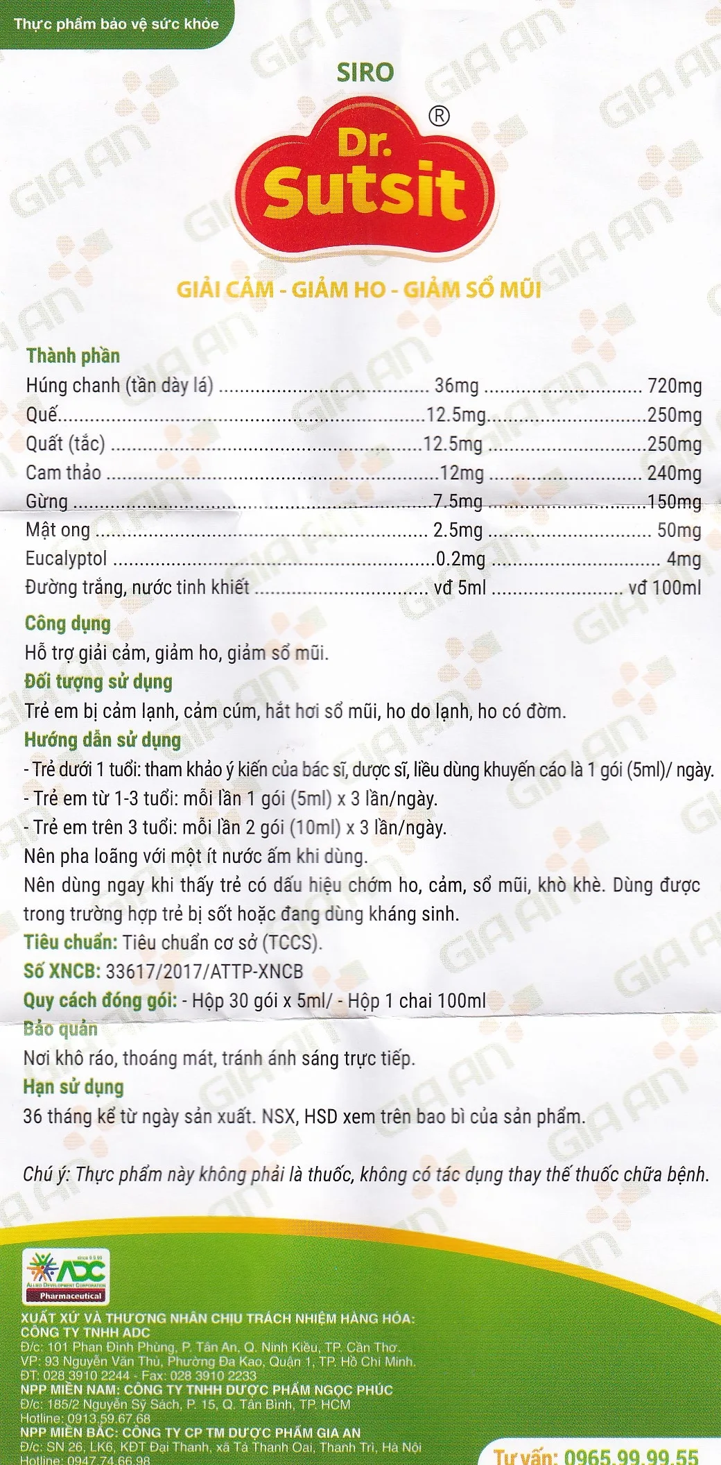 Hình ảnh Siro Dr.Sutsit Gia An giải cảm, giảm ho, giảm sổ mũi (30 gói x 5ml)