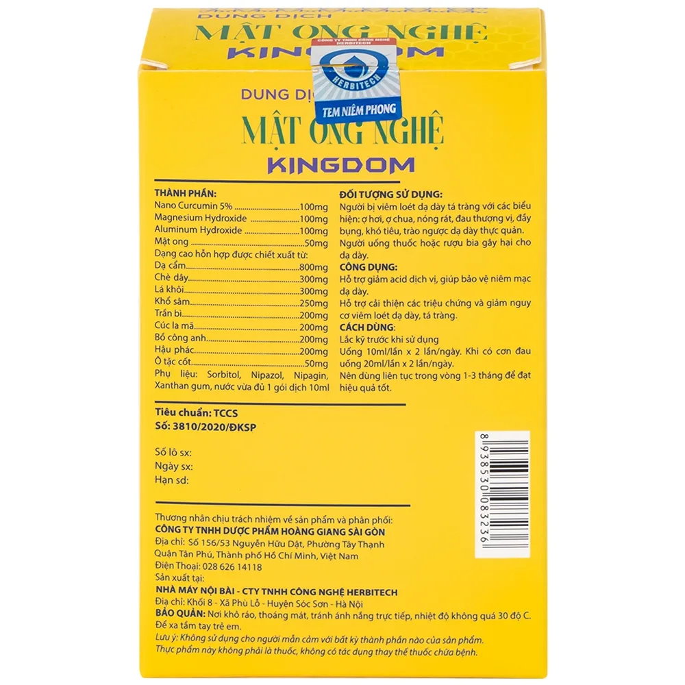 Hình ảnh Dung dịch mật ong nghệ Kingdom bảo vệ niêm mạc dạ dày (15 gói x 10ml)