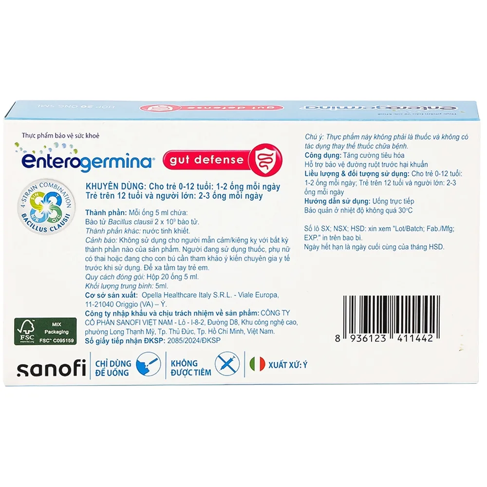 Hình ảnh Hỗn dịch uống men vi sinh Enterogermina Gut Defense Sanofi tăng cường tiêu hóa, hỗ trợ bảo vệ đường ruột