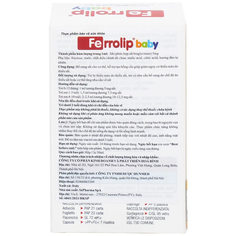 Hình ảnh  Dung dịch Ferrolip Baby InPharma SpA bổ sung sắt, giảm nguy cơ thiếu máu (30ml)
