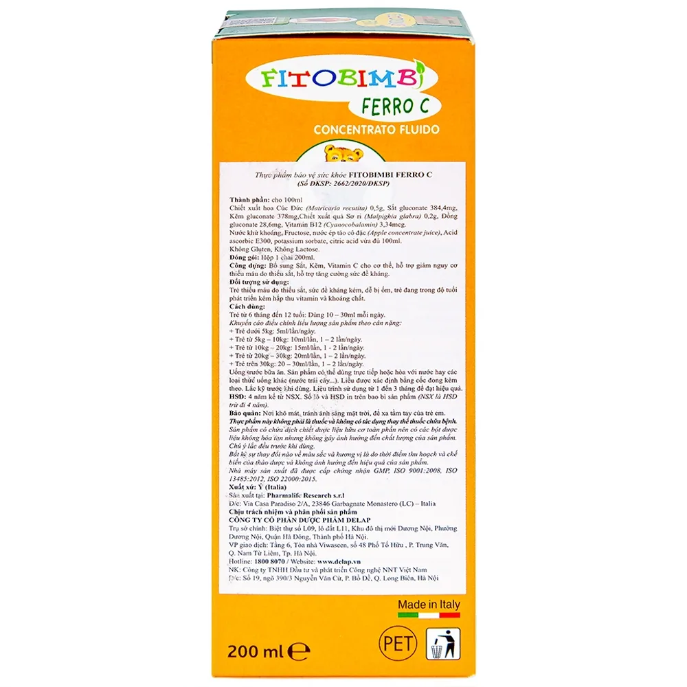 Hình ảnh Siro Fitobimbi Ferro C Concentrato Fluido bổ sung sắt, kẽm, vitamin C cho cơ thể (200ml)