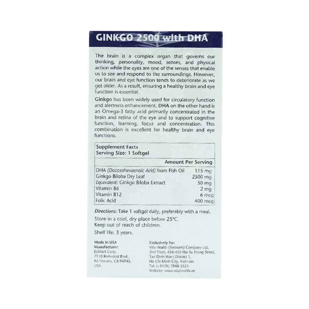 Hình ảnh Viên uống Ginkgo 2500 With DHA VitaHealth hỗ trợ chức năng não bộ, tăng cường khả năng ghi nhớ (60 viên)
