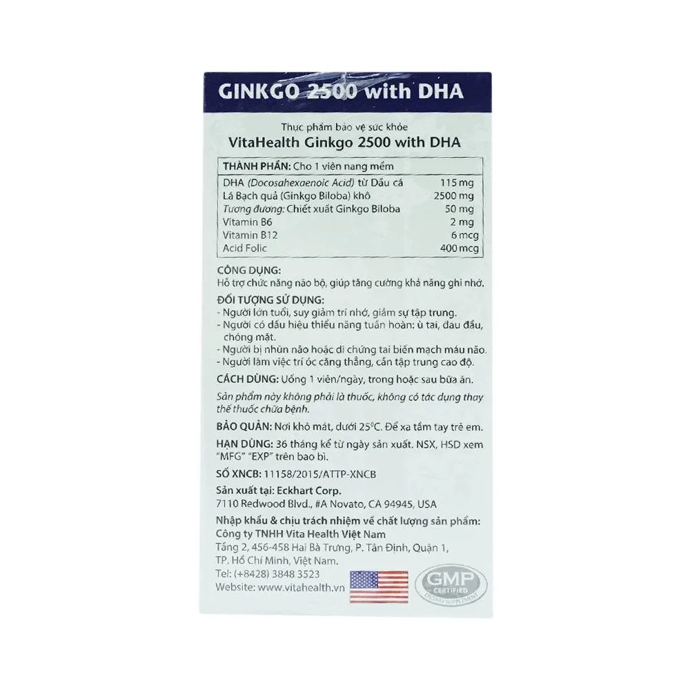 Hình ảnh Viên uống Ginkgo 2500 With DHA VitaHealth hỗ trợ chức năng não bộ, tăng cường khả năng ghi nhớ (60 viên)