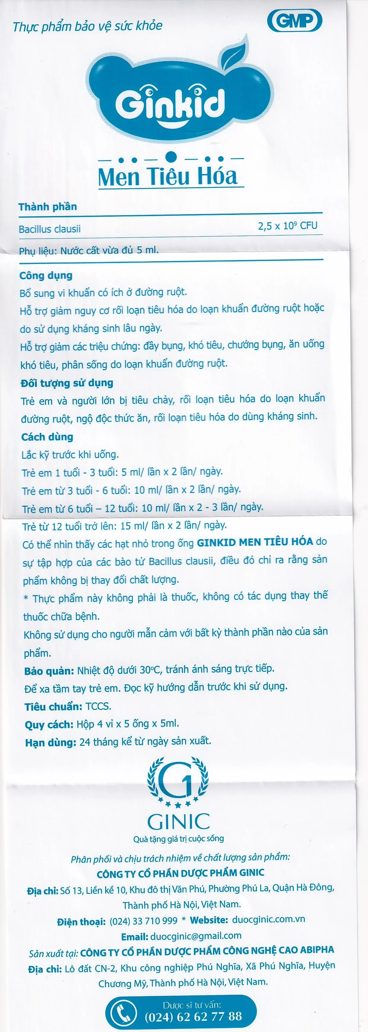 Hình ảnh Men Tiêu Hoá Ginkid GINIC bổ sung vi khuẩn có ích ở đường ruột (4 vỉ x 5 ống x 5ml)