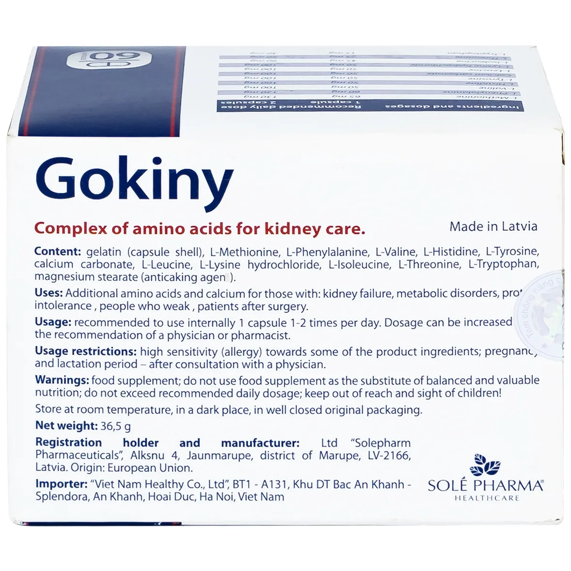 Hình ảnh Viên uống Gokiny Solé Pharm bổ sung các amino acid cho cơ thể, tăng cường sức khỏe (6 vỉ x 10 viên)