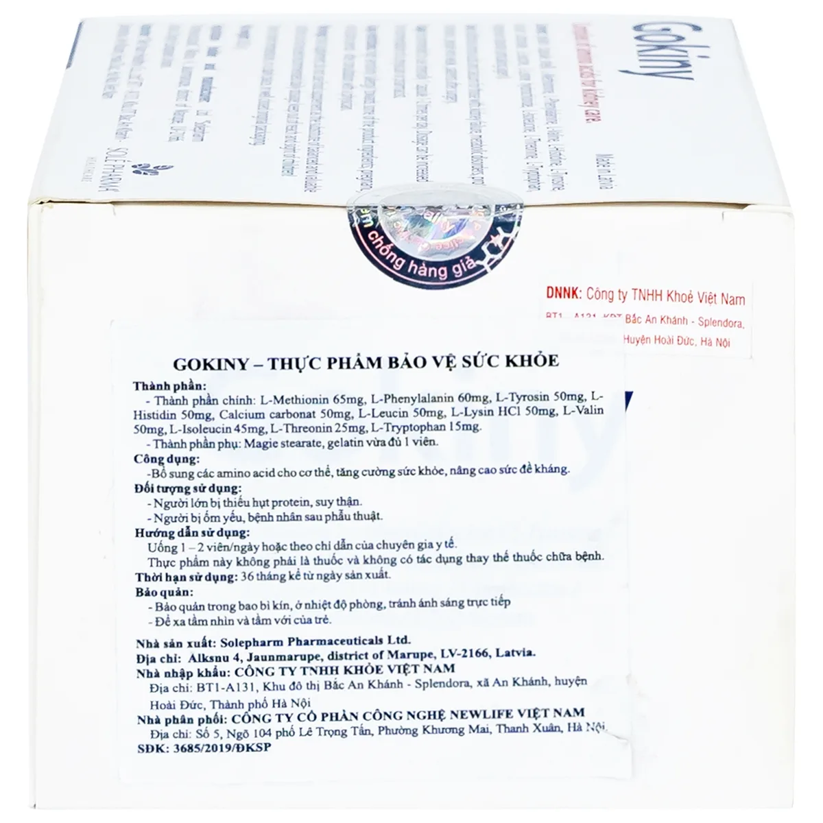 Hình ảnh Viên uống Gokiny Solé Pharm bổ sung các amino acid cho cơ thể, tăng cường sức khỏe (6 vỉ x 10 viên)