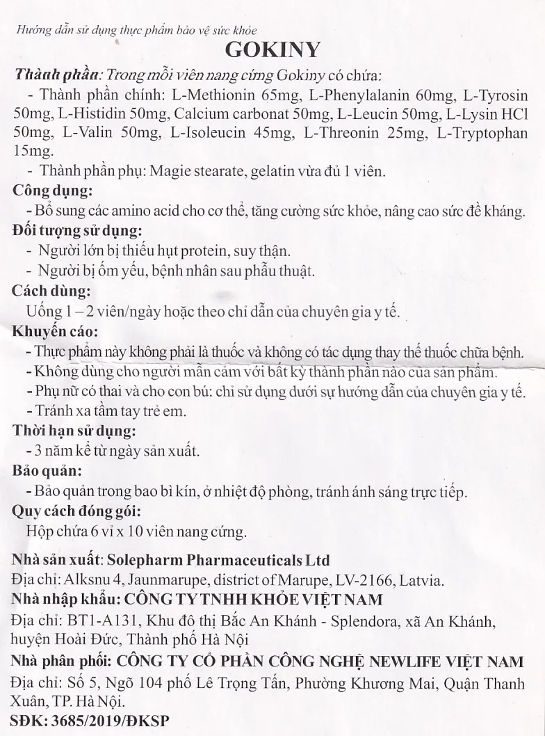 Hình ảnh Viên uống Gokiny Solé Pharm bổ sung các amino acid cho cơ thể, tăng cường sức khỏe (6 vỉ x 10 viên)