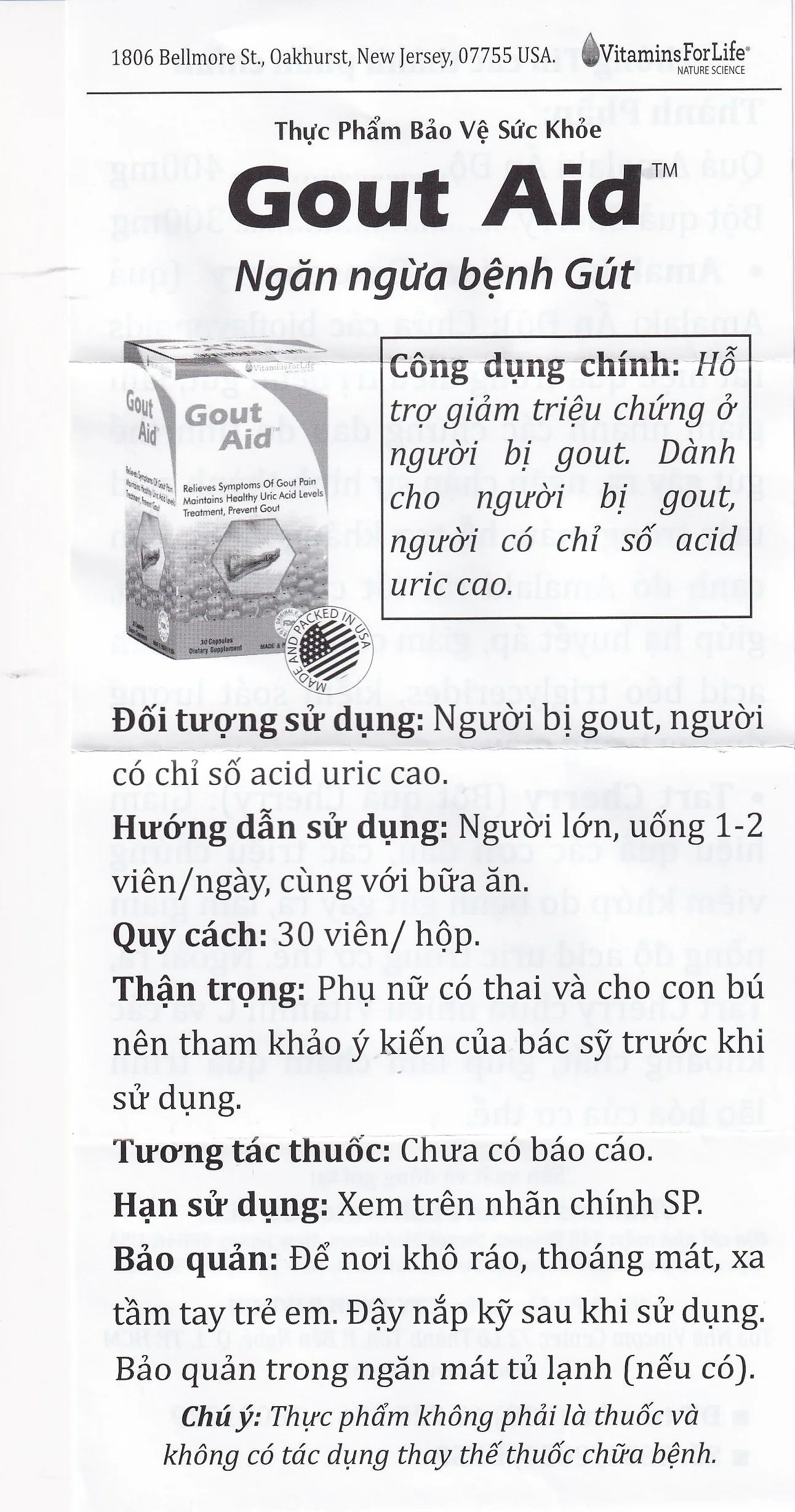 Hình ảnh Viên uống Gout Aid Vitamins For Life hỗ trợ giảm triệu chứng ở người bị gout (30 viên)