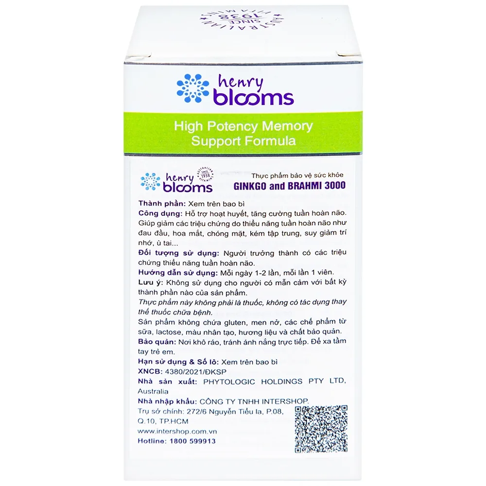 Hình ảnh Viên uống Ginkgo And Brahmi 3000 Henry Blooms hỗ trợ hoạt huyết (60 viên)