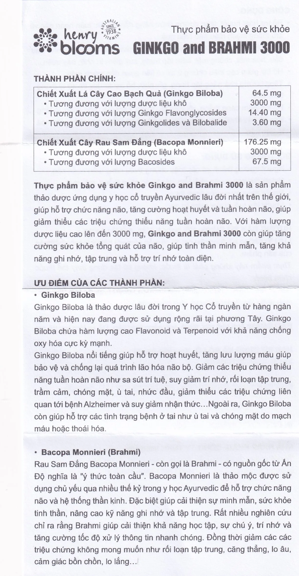 Hình ảnh Viên uống Ginkgo And Brahmi 3000 Henry Blooms hỗ trợ hoạt huyết (60 viên)