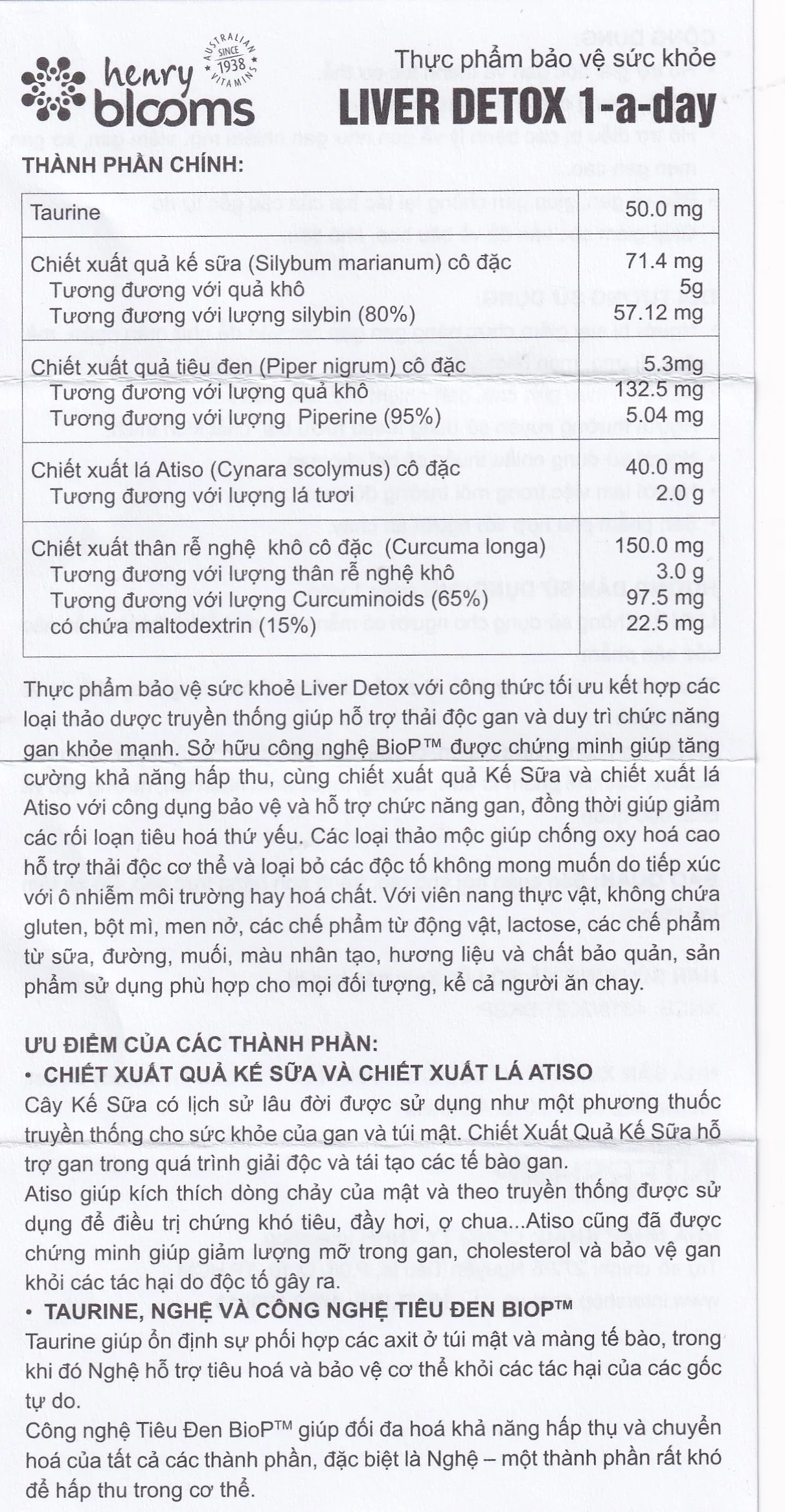 Hình ảnh Viên uống Liver Detox 1-A-Day Henry Blooms hỗ trợ giải độc gan, bảo vệ gan (60 viên)