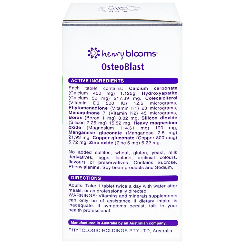 Hình ảnh Viên uống OsteoBlast Henry Blooms bổ sung Canxi, Vitamin D3 và khoáng chất thiết yếu (60 viên)