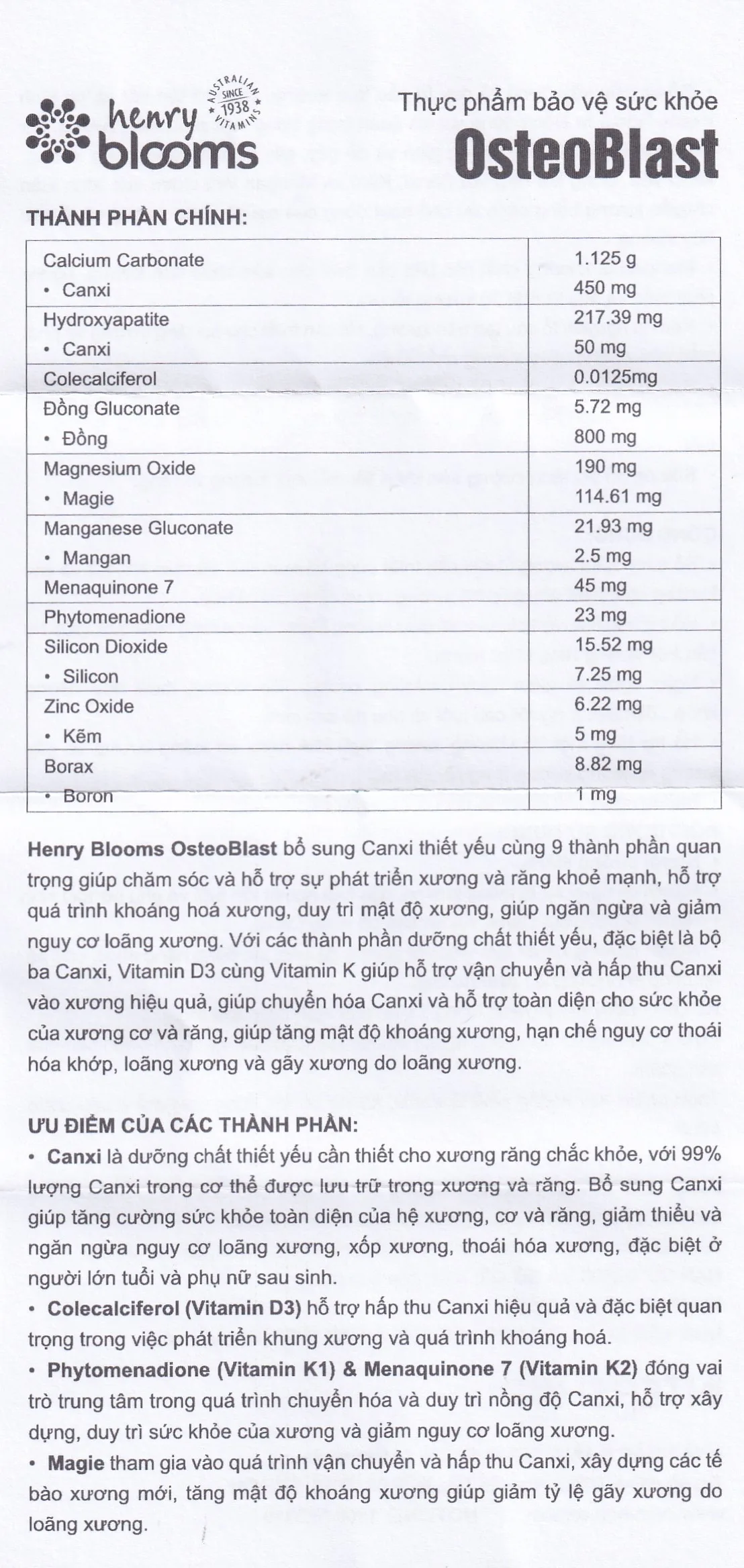 Hình ảnh Viên uống OsteoBlast Henry Blooms bổ sung Canxi, Vitamin D3 và khoáng chất thiết yếu (60 viên)