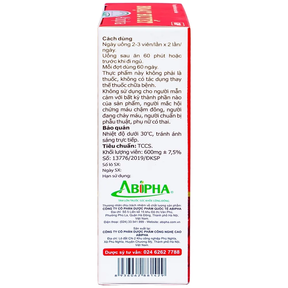 Hình ảnh Viên uống Hoạt Huyết Abipha hỗ trợ tăng cường lưu thông máu não (3 vỉ x 10 viên)