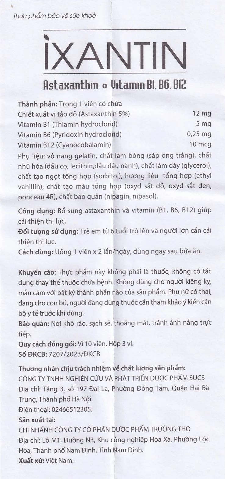 Hình ảnh Viên uống Ixantin Sucs bổ sung astaxanthin và vitamin B1, B6, B12 giúp cải thiện thị lực (3 vỉ x 10 viên)