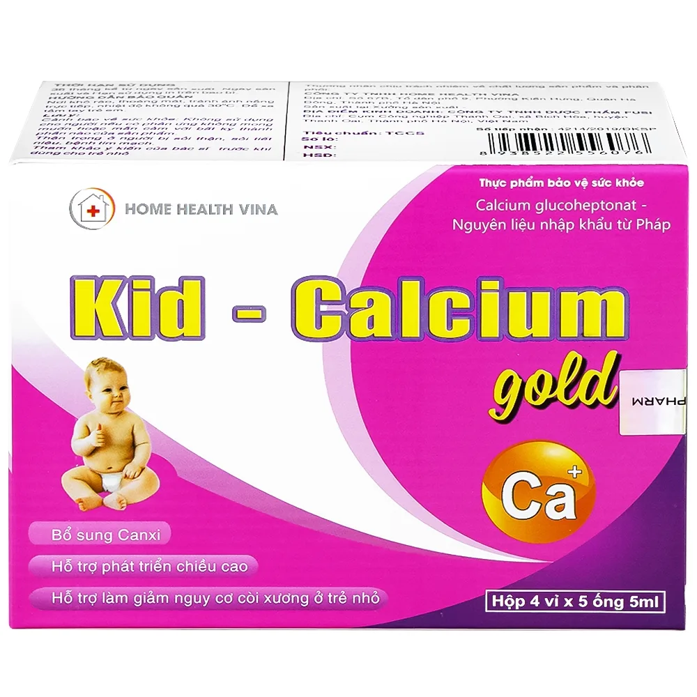 Hình ảnh Dung dịch uống Kid-Calcium Gold 5ml Home Health Vina bổ sung calci giúp xương, răng chắc khỏe (4 vỉ x 5 ống)