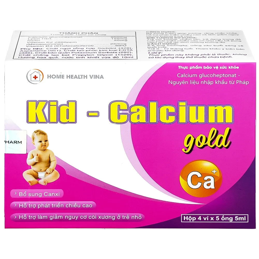 Hình ảnh Dung dịch uống Kid-Calcium Gold 5ml Home Health Vina bổ sung calci giúp xương, răng chắc khỏe (4 vỉ x 5 ống)