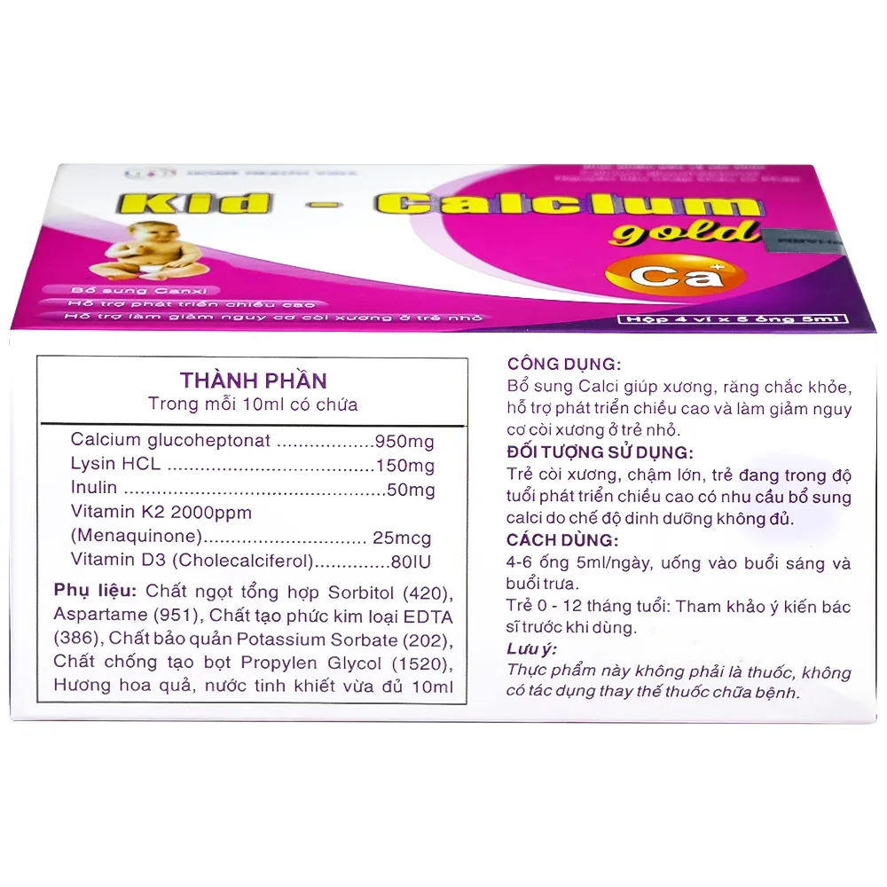 Hình ảnh Dung dịch uống Kid-Calcium Gold 5ml Home Health Vina bổ sung calci giúp xương, răng chắc khỏe (4 vỉ x 5 ống)