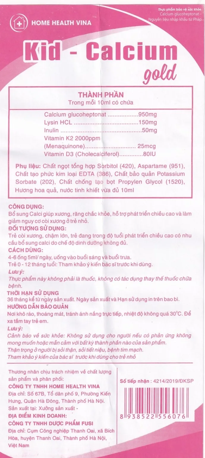 Hình ảnh Dung dịch uống Kid-Calcium Gold 5ml Home Health Vina bổ sung calci giúp xương, răng chắc khỏe (4 vỉ x 5 ống)