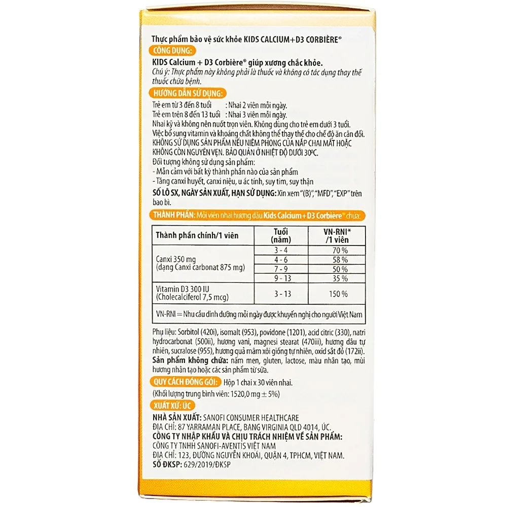 Hình ảnh Viên nhai Kids Calcium+D3 Corbiere Sanofi giúp xương chắc khỏe (30 viên)
