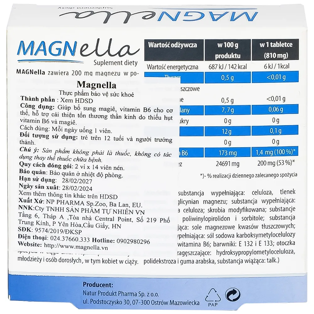 Hình ảnh Viên uống Magnella Natur Produkt Pharma hỗ trợ cải thiện tổn thương thần kinh do thiếu vitamin B6, magiê (2 vỉ x 14 viên)