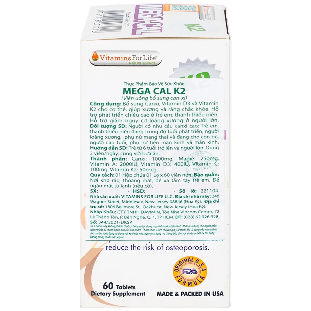 Hình ảnh Viên uống Mega-Cal 1000 Vitamins For Life giúp bổ sung canxi, chống loãng xương (60 viên)
