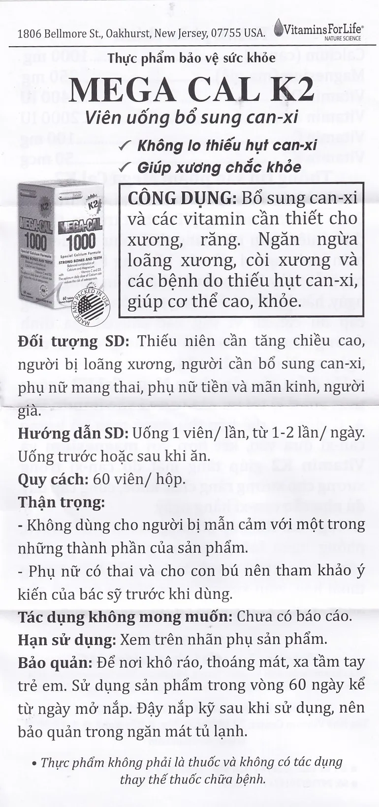 Hình ảnh Viên uống Mega-Cal 1000 Vitamins For Life giúp bổ sung canxi, chống loãng xương (60 viên)