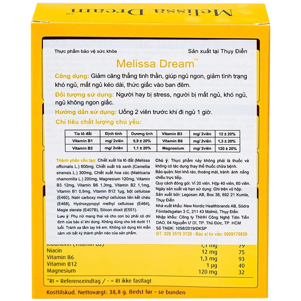 Hình ảnh Viên uống Melissa Dream New Nordic giảm căng thẳng tinh thần, giúp ngủ ngon (40 viên)