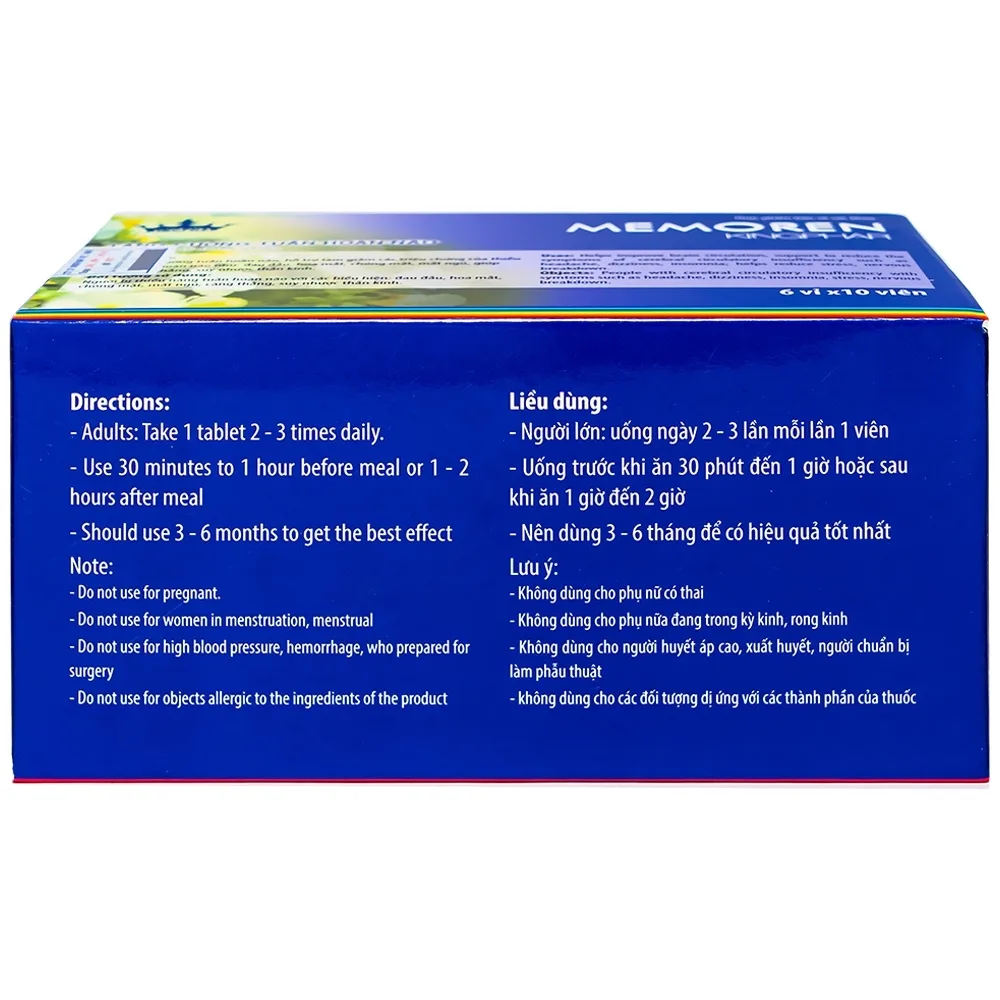Hình ảnh Viên uống Memoren Kingphar giúp tăng cường tuần hoàn não, giảm đau đầu (6 vỉ x 10 viên)