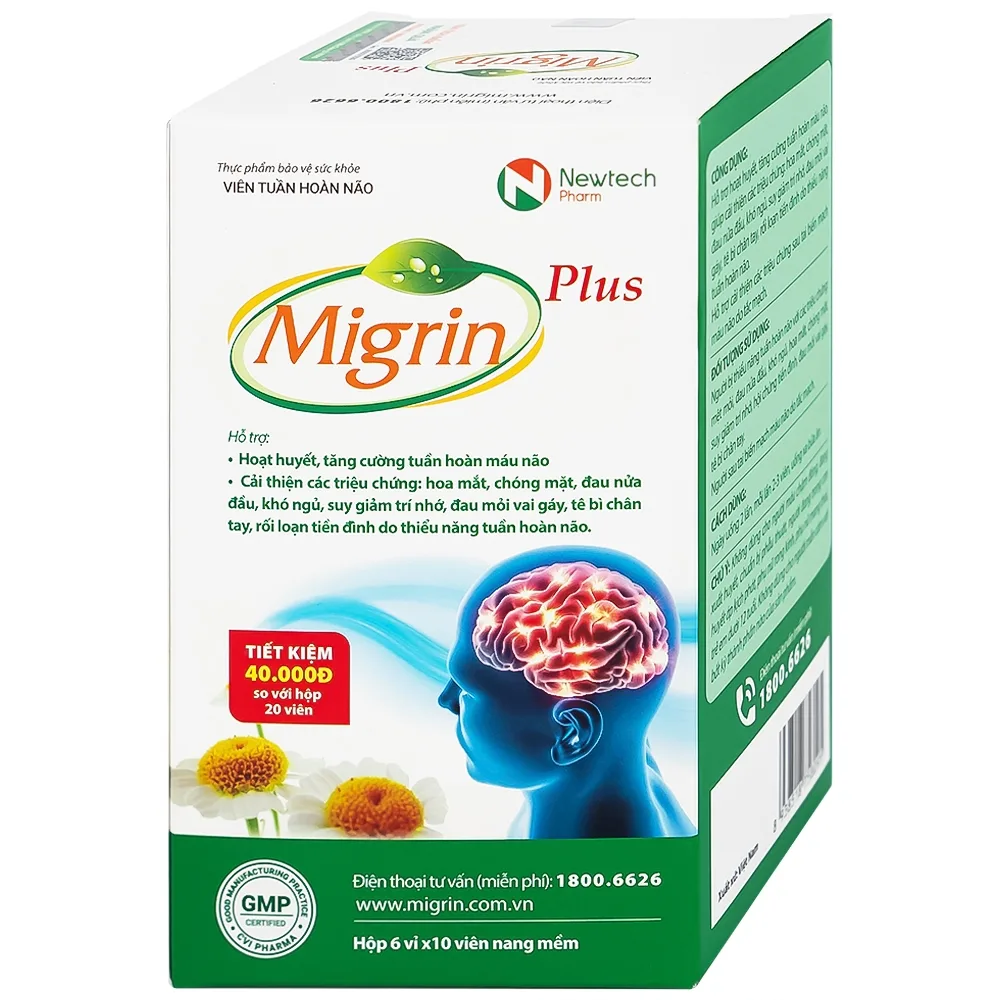 Hình ảnh Viên Tuần Hoàn Não Migrin Plus CVI hỗ trợ hoạt huyết, tăng cường tuần hoàn máu não (6 Vỉ x 10 Viên)