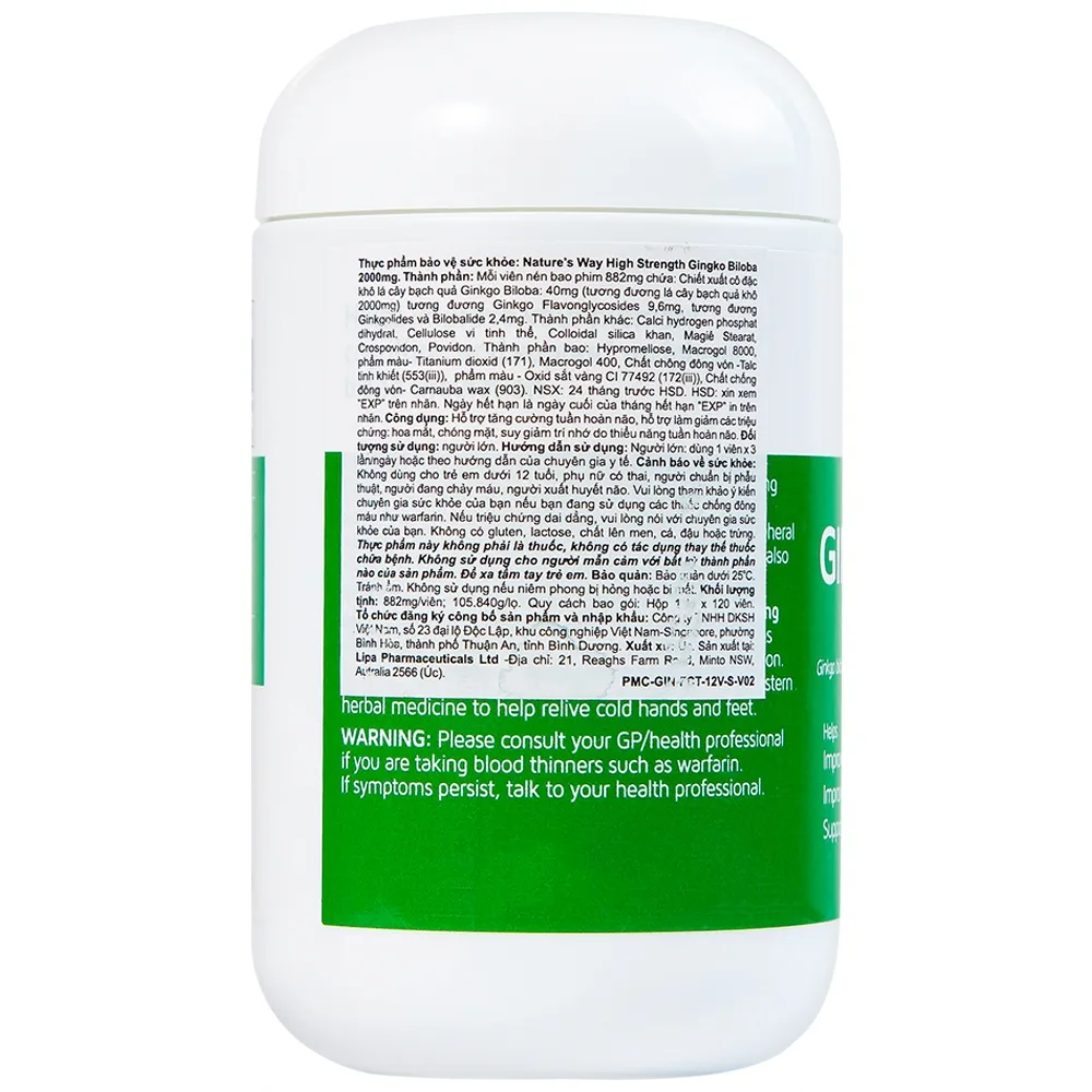 Hình ảnh Viên uống High Strength Ginkgo Biloba 2000mg hỗ trợ tăng cường tuần hoàn não (120 viên)