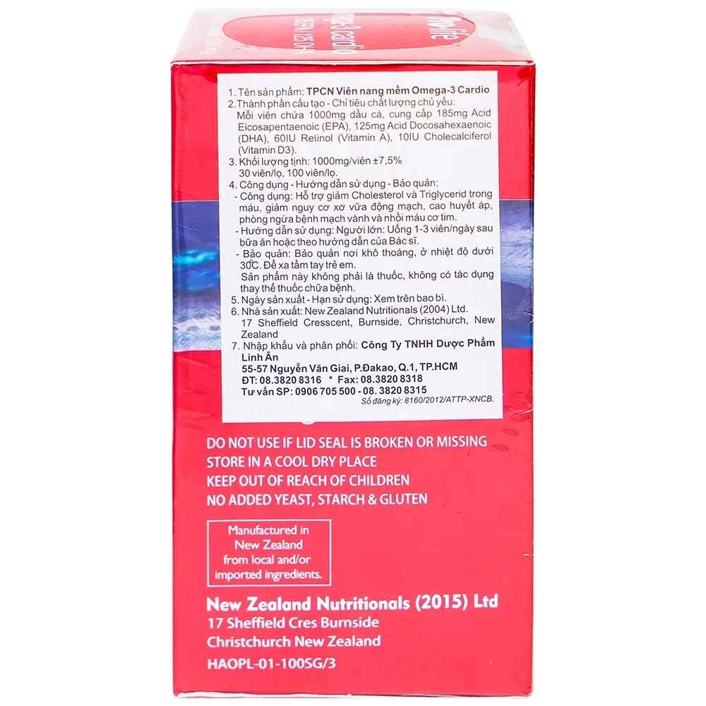 Hình ảnh Viên uống Omega-3 Cardio New Zealand Nutritionals hỗ trợ giảm Triglycerid và Cholesterol dư trong máu (100 viên)