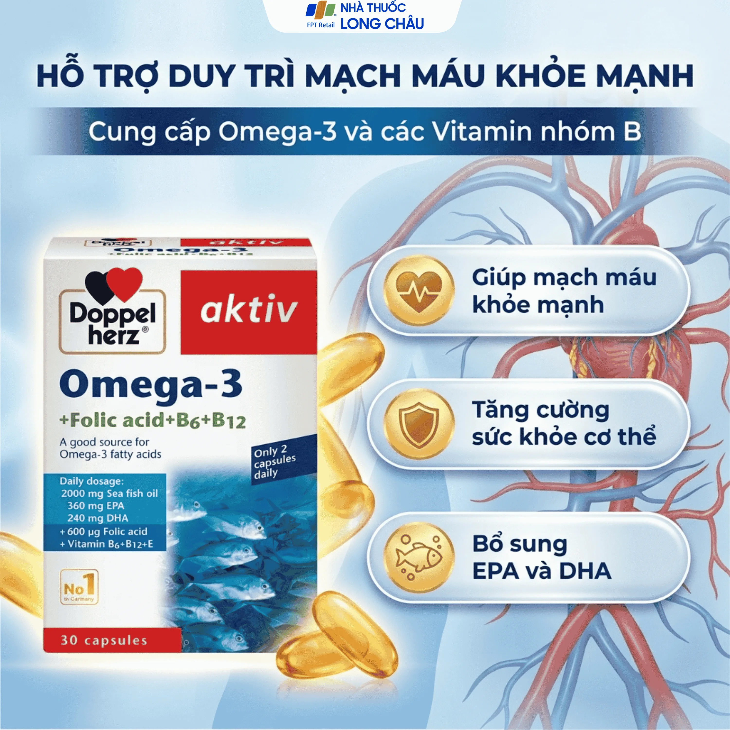 Hình ảnh Viên uống hỗ trợ mạch máu khỏe mạnh Omega-3 + Folic acid + B6 + B12 (3 vỉ x 10 viên)