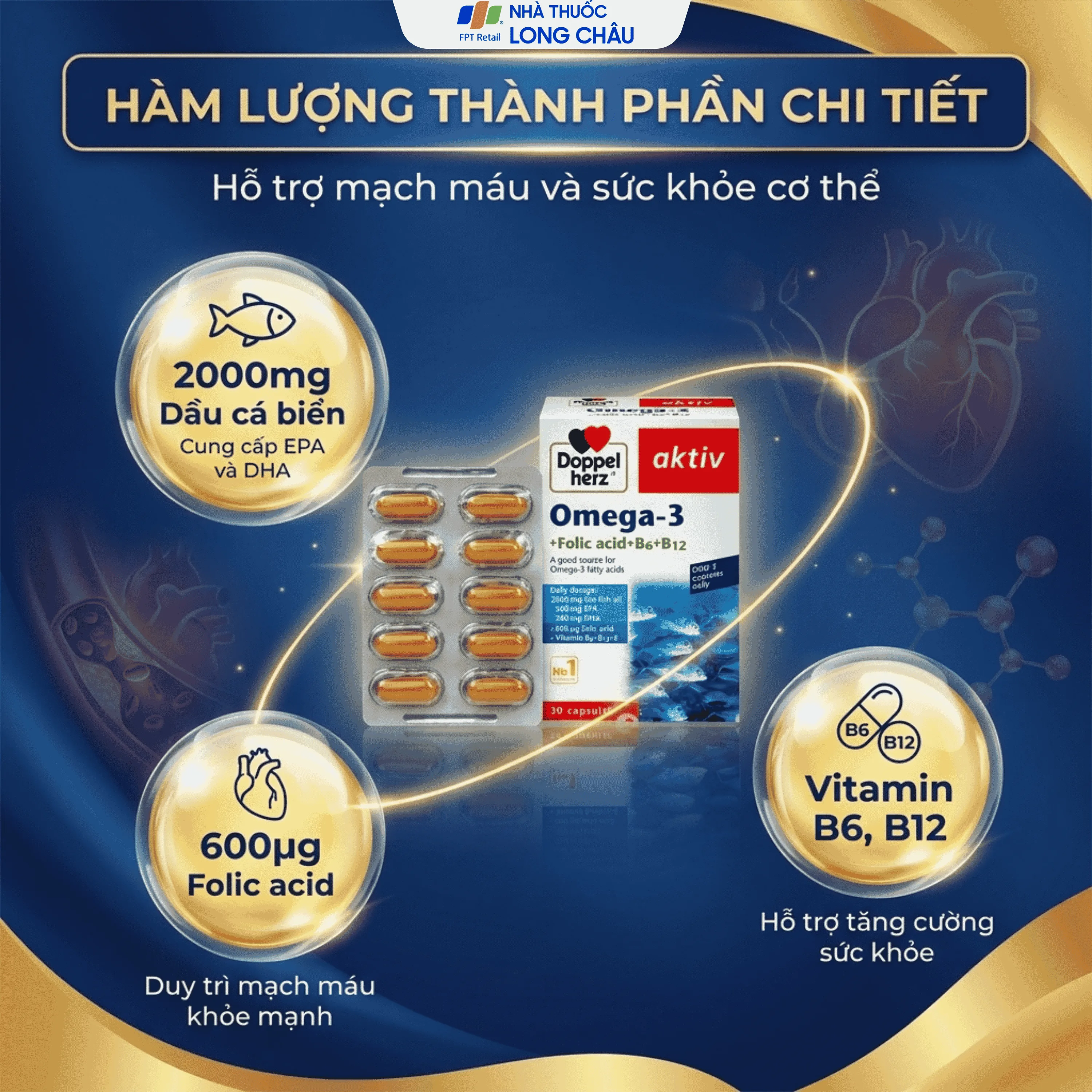 Hình ảnh Viên uống hỗ trợ mạch máu khỏe mạnh Omega-3 + Folic acid + B6 + B12 (3 vỉ x 10 viên)
